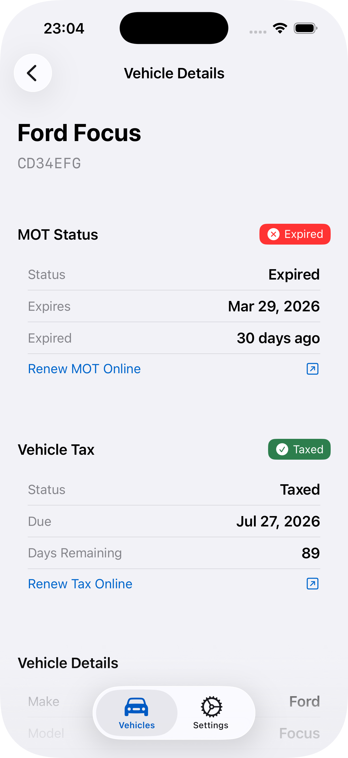 Vehicle details screen showing MOT status, vehicle tax status and renewal links for a Ford Focus